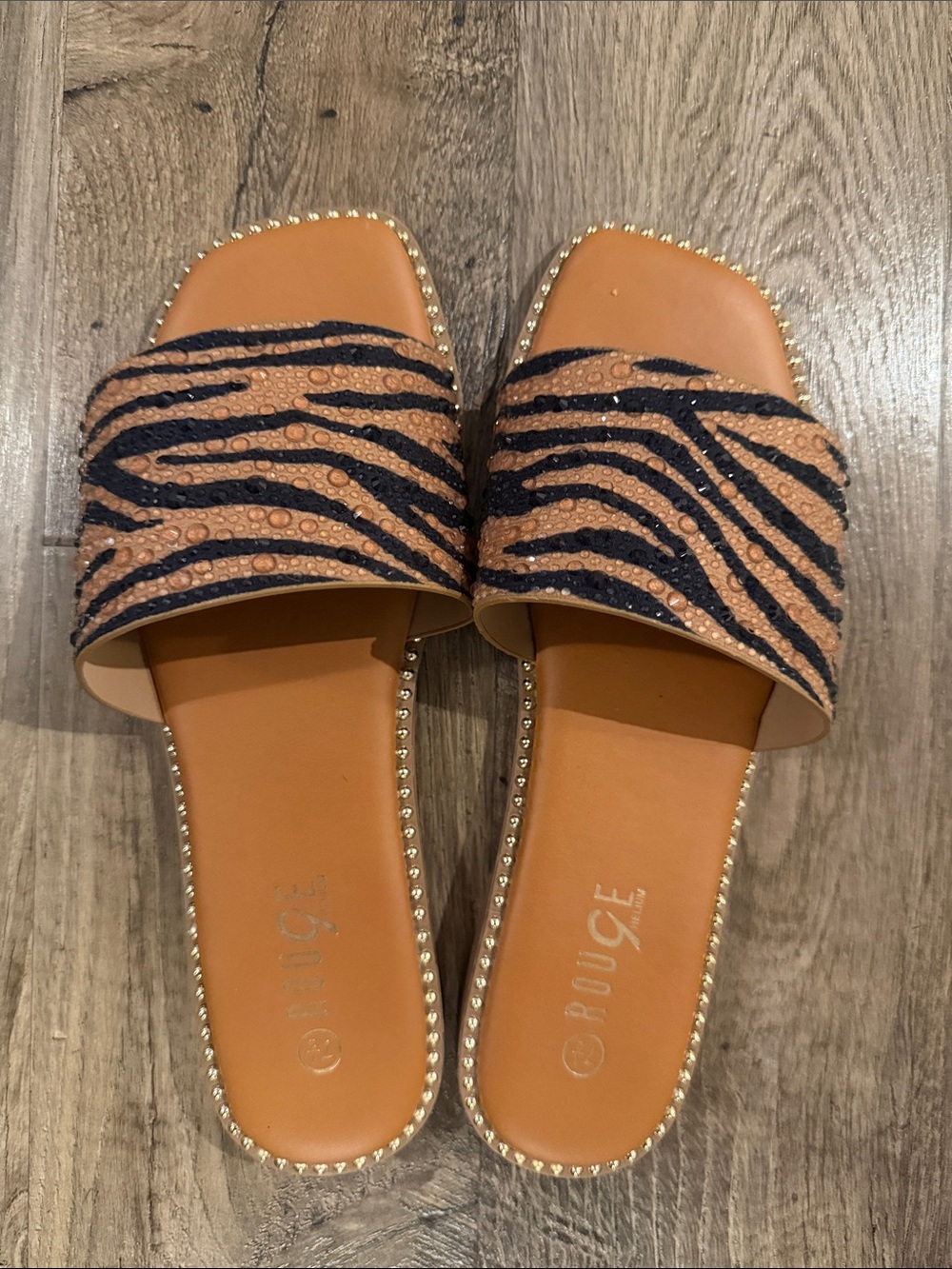 Rouge Helium Tan & Black Zebra-Print Slide Sandals with Gold Stud Trim